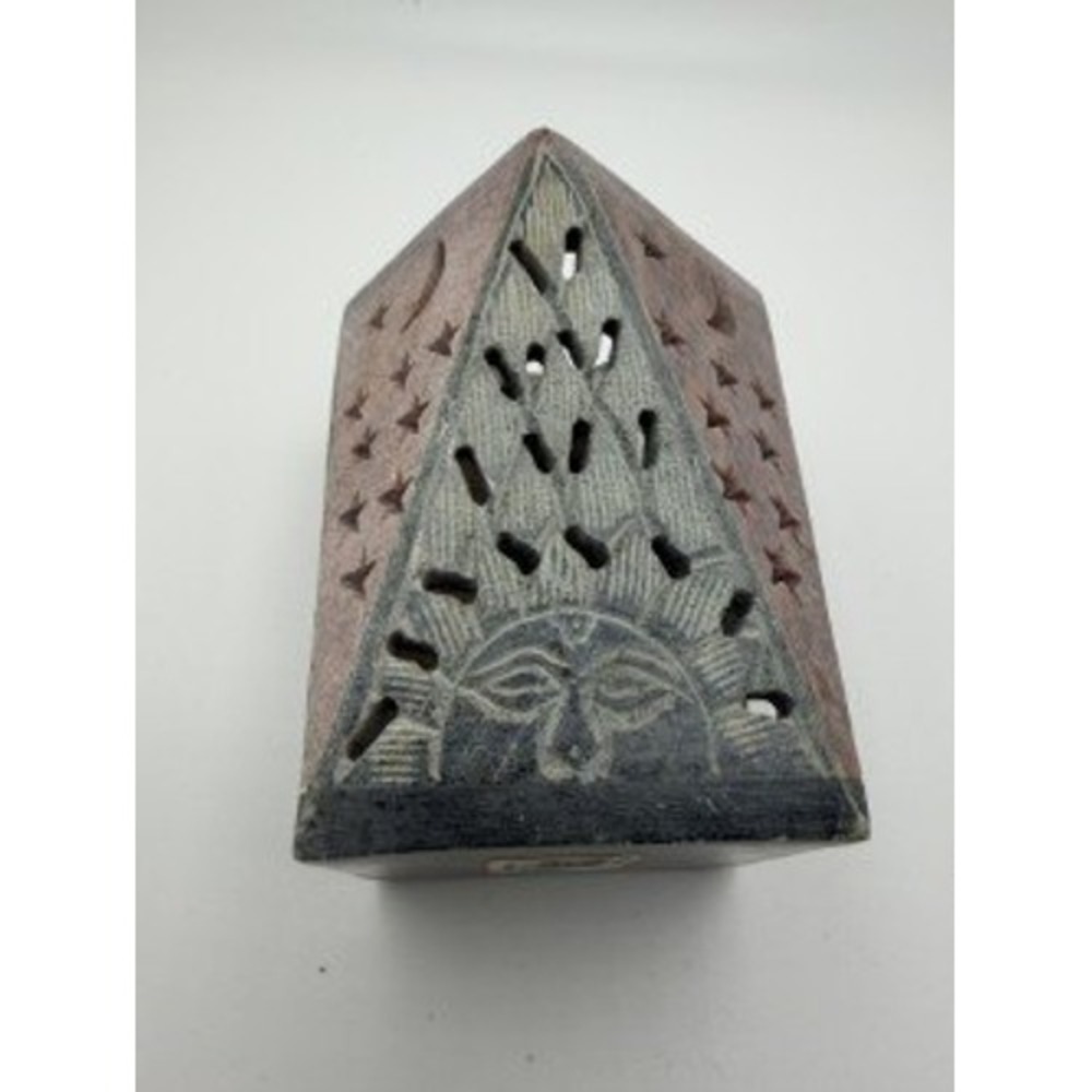 Vintage Soapstone Celestial Sun Moon Stars Tea Light Candle‎ Holder Pyramid